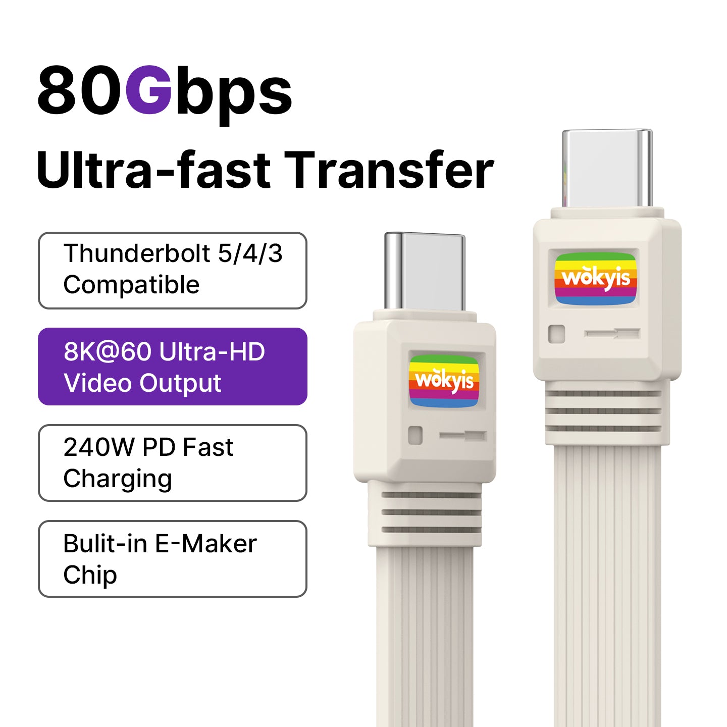 Retro 80Gbps USB4 Flat Cable, 3.3ft/1m, 240W Charging, 8K@60Hz Video, Compatible with Thunderbolt 5/4/3