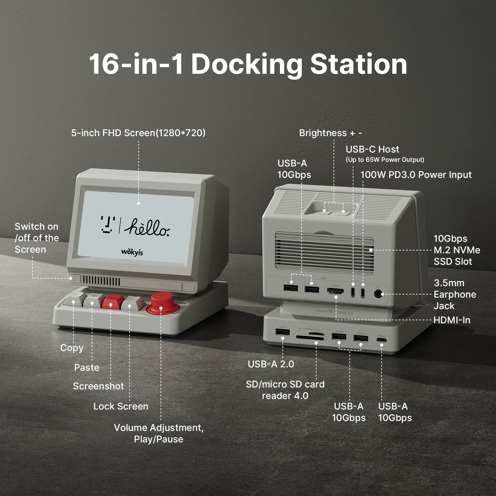 Mac mini M4 Retro Dock with 10Gbps SSD NVMe Enclosure, 5-inch Display and Shortcut Keys