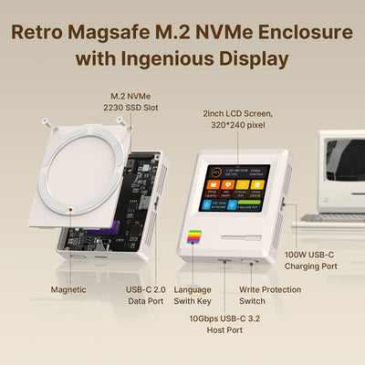 Retro Magnetic M.2 2230 10Gbps SSD NVMe Enclosure with 2-inch Display