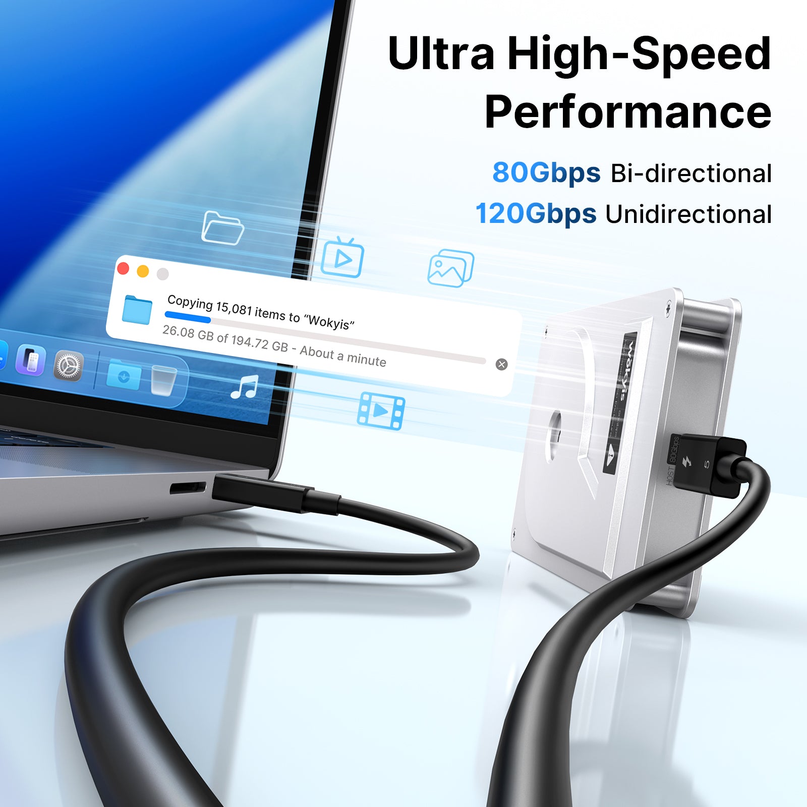 120Gbps Thunderbolt 5 Cable, 3.3ft/1m, 240W Charging, 8K@60Hz Video, Compatible with Thunderbolt 5/4/3